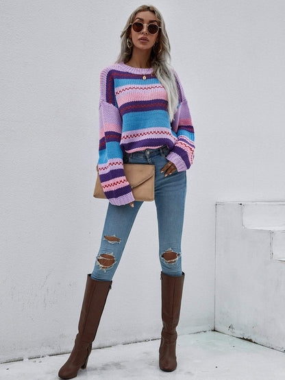 Striped Knitted Long Sleeve Sweater Anna-Kaci Wholesale