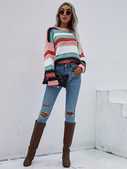 Striped Knitted Long Sleeve Sweater Anna-Kaci Wholesale