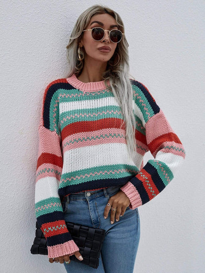 Striped Knitted Long Sleeve Sweater Anna-Kaci Wholesale
