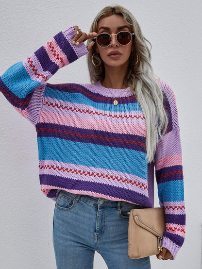 Striped Knitted Long Sleeve Sweater Anna-Kaci Wholesale