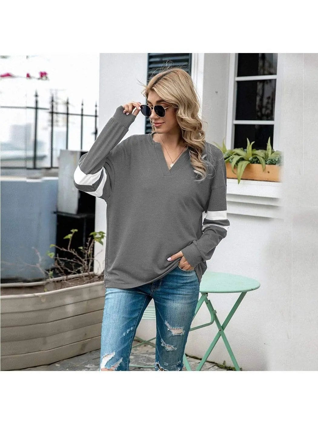 V Neck Striped Sleeve Sweater Anna-Kaci Wholesale