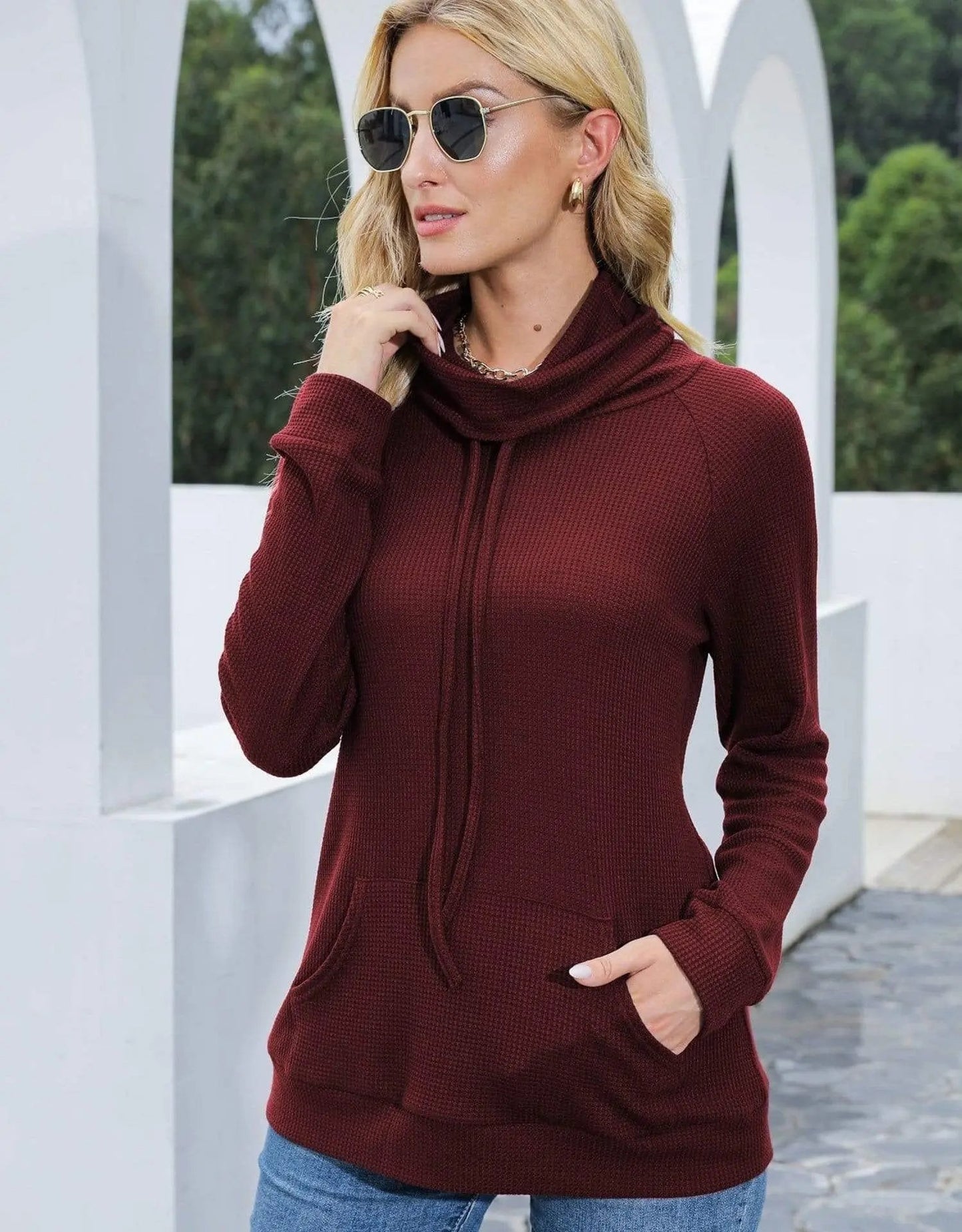 Waffle Knit Cowl Neck Pullover Anna-Kaci Wholesale