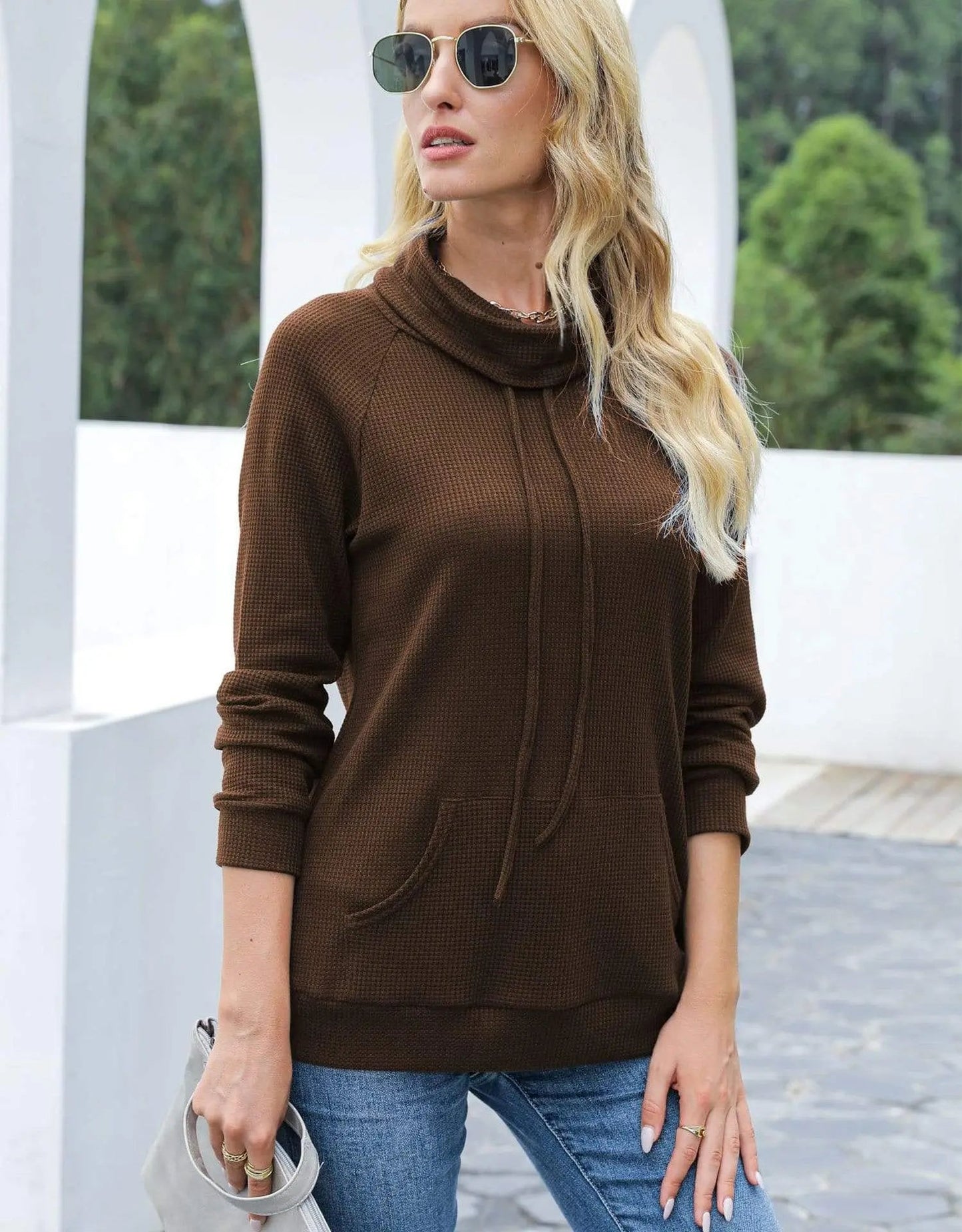 Waffle Knit Cowl Neck Pullover Anna-Kaci Wholesale