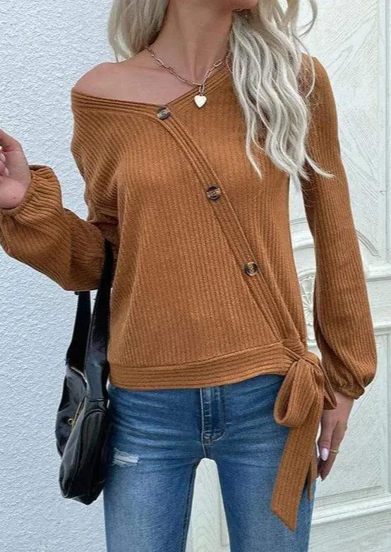 Asymmetrical Neck Tie Ribbon Sweater - Get it from Bo