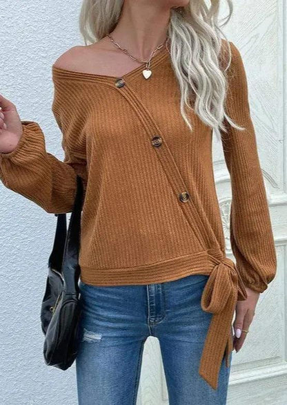 Asymmetrical Neck Tie Ribbon Sweater - Get it from Bo