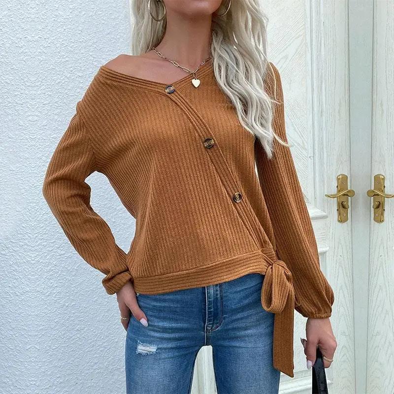 Asymmetrical Neck Tie Ribbon Sweater - Get it from Bo