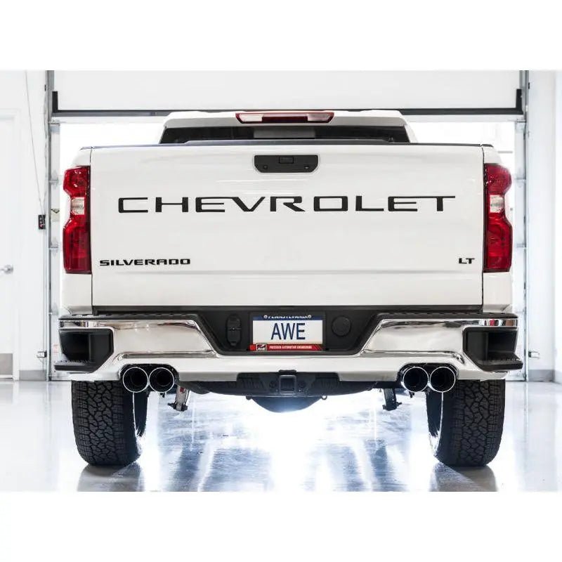 AWE Tuning 4th Gen GM 1500 6.2L 0FG Catback Split Rear Exit (w/ Bumper Cutouts) - Quad Chrome Tips - Get it from Bo