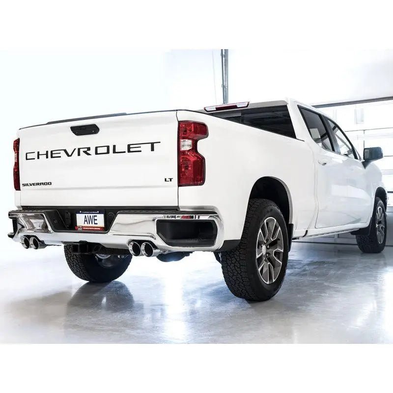 AWE Tuning 4th Gen GM 1500 6.2L 0FG Catback Split Rear Exit (w/ Bumper Cutouts) - Quad Chrome Tips - Get it from Bo