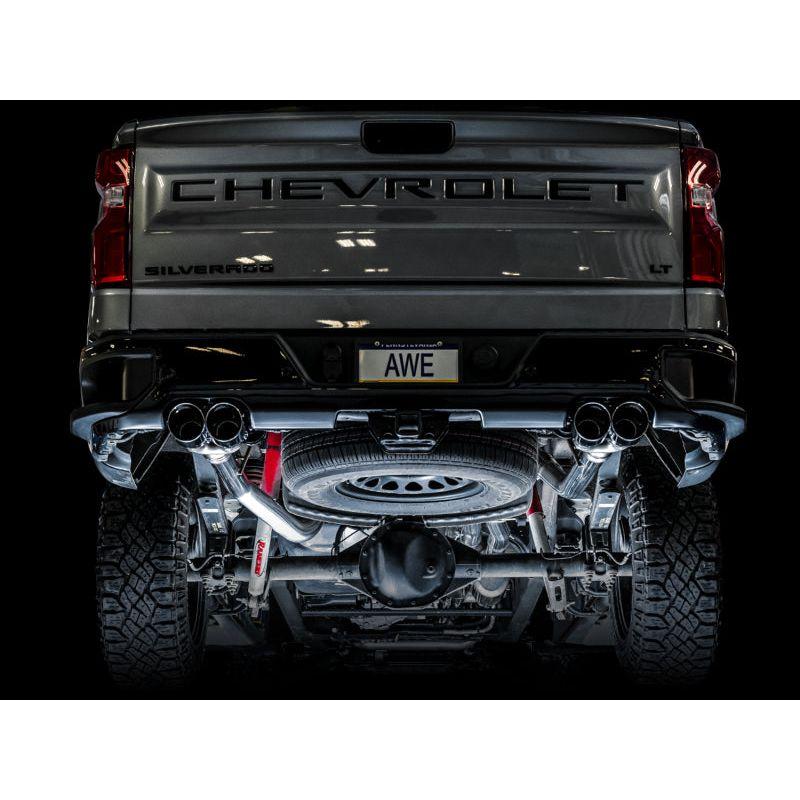 AWE Tuning 4th Gen GM 1500 6.2L 0FG Catback Split Rear Exit (w/ Bumper Cutouts) - Quad Chrome Tips NP Motorsports