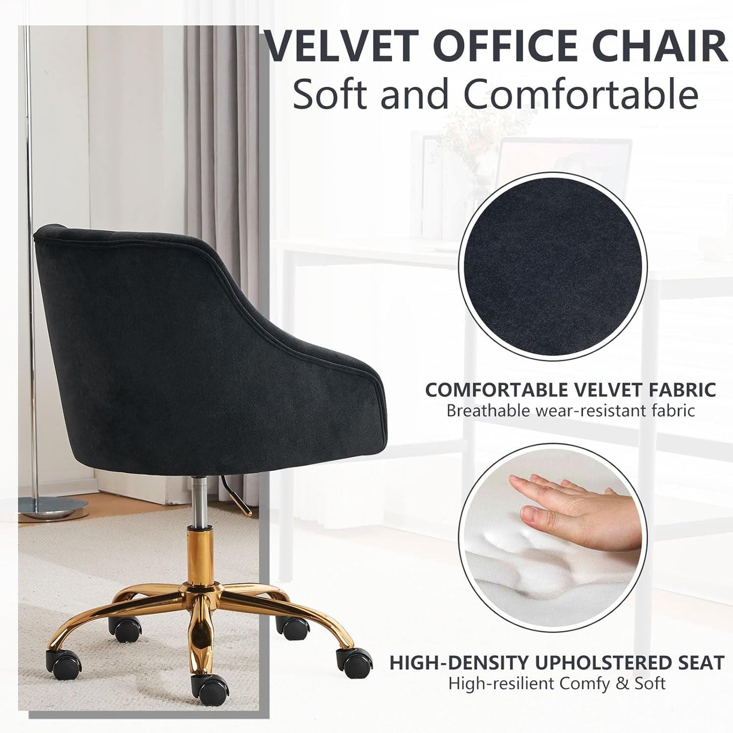 Black Velvet Office Chair 360 Swivel For Home Office