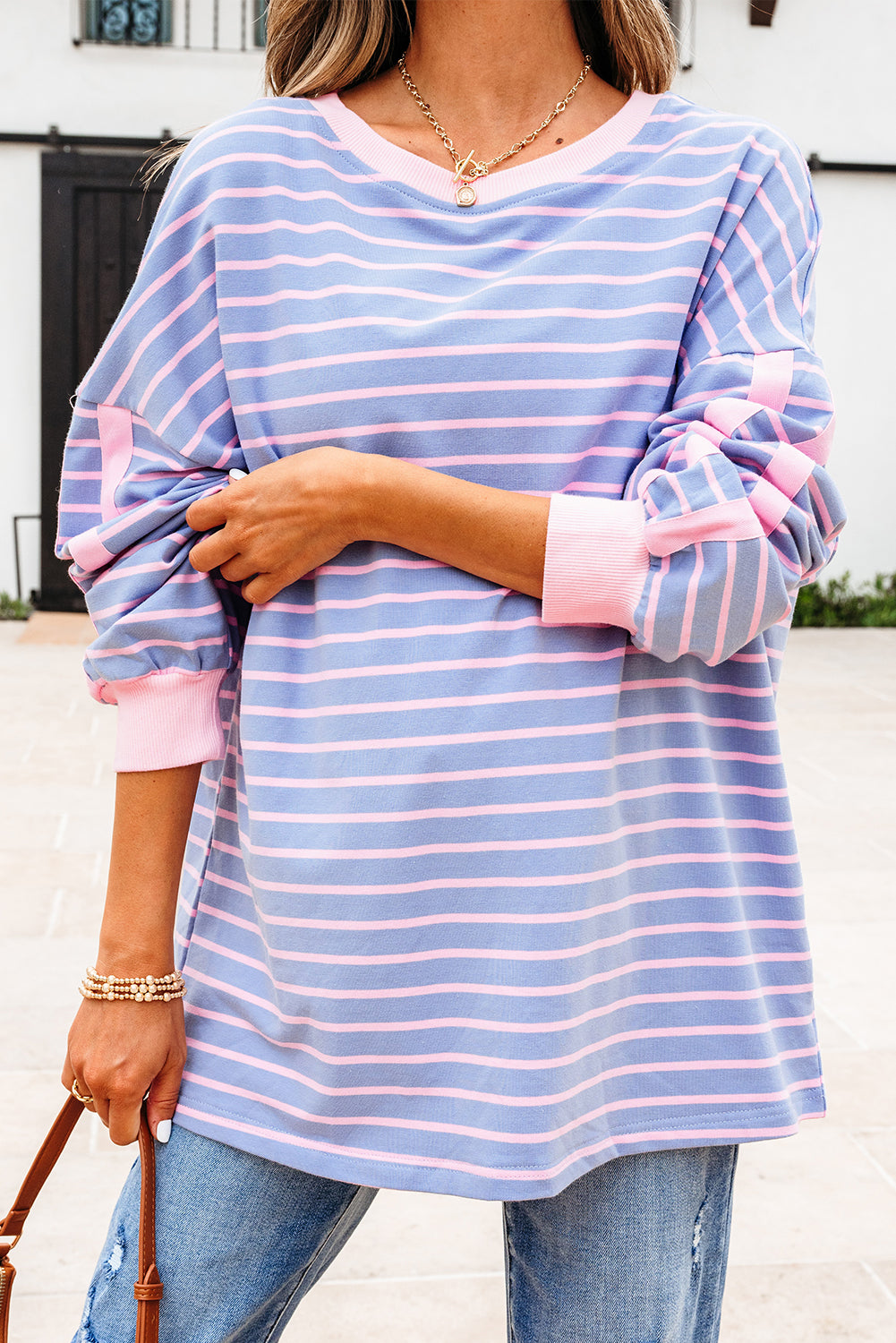 Eliza Stripe Oversize Casual Top Threaded Pear