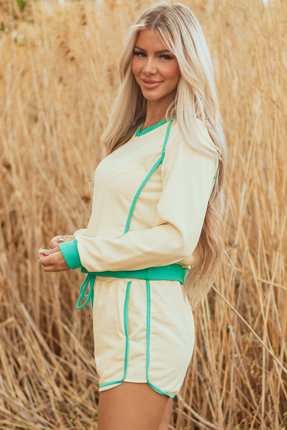 Wren Long Sleeve Pullover and Drawstring Shorts Outfit Threaded Pear