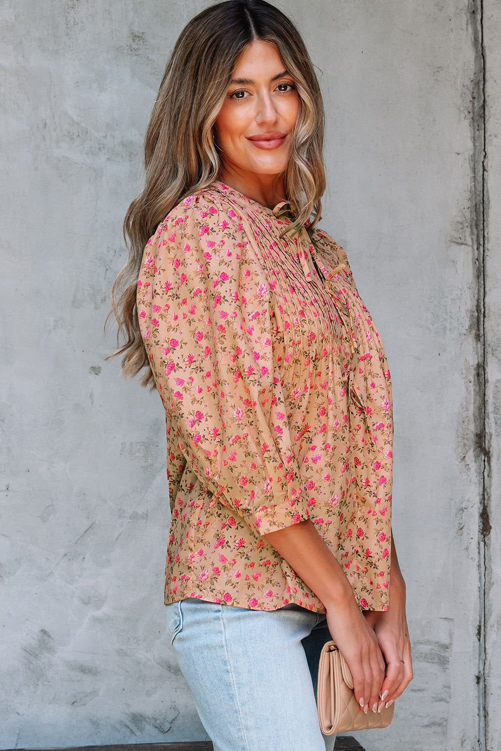 Sadie Floral Bow Pin-tuck Bust Half Puff Sleeve Blouse Threaded Pear