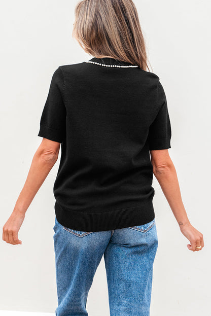 Bria Pearl Bow Short Sleeve Knitted Top