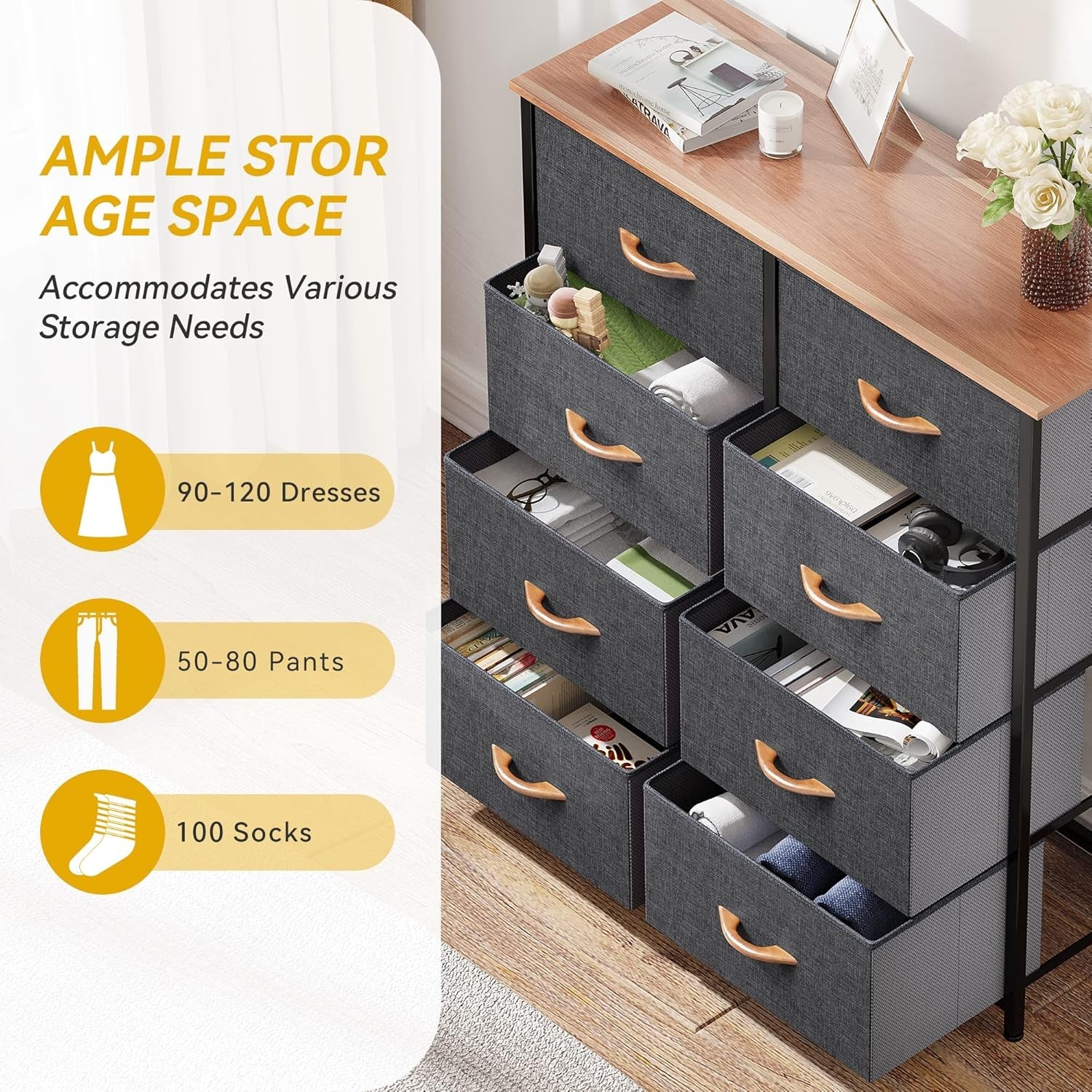 Dresser for Bedroom, Fabric Dresser with 8 Drawers, Tall Dresser, Double Dresser, Chest of Drawers for Closet, Living Room, Sturdy Steel Frame, Wooden Top, Easy Pull Handle ShipItFurniture