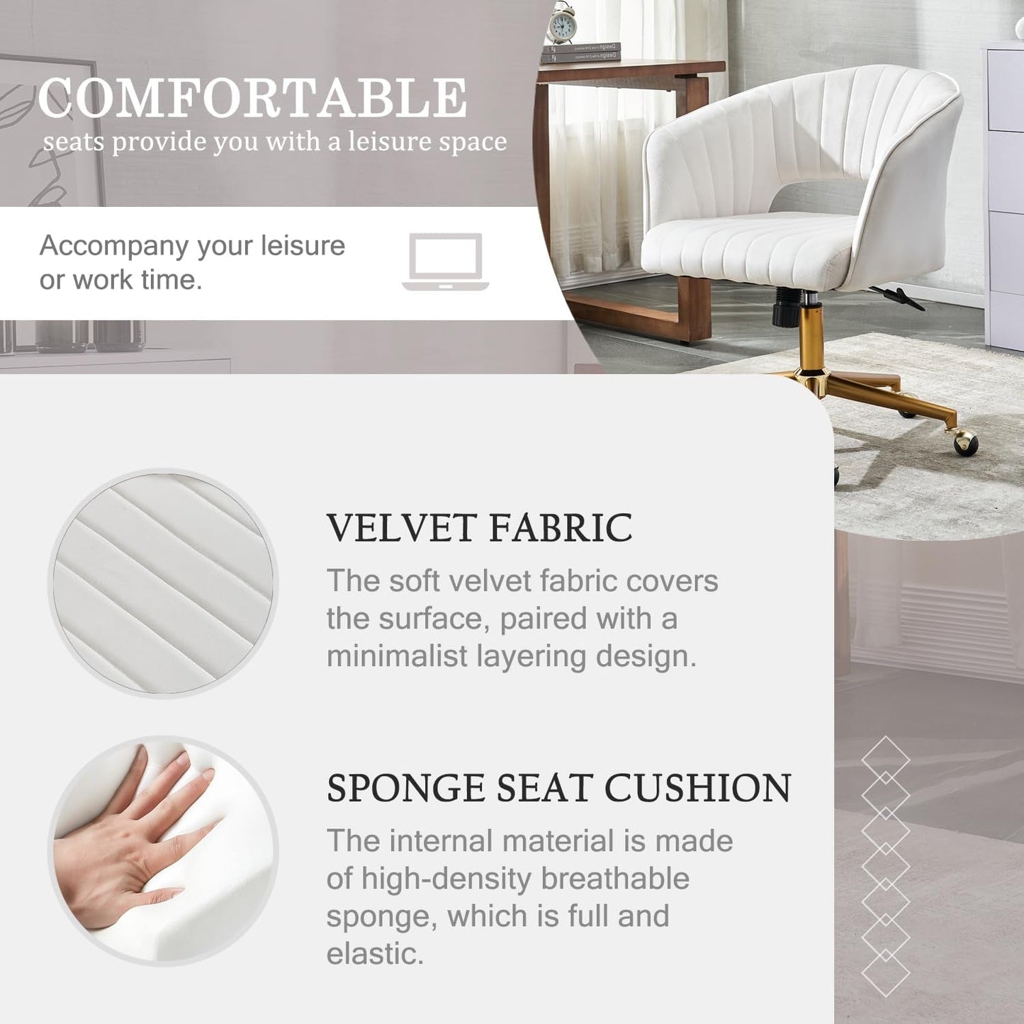 Beige Velvet Office Chair 360 Degree Swivel Home Office