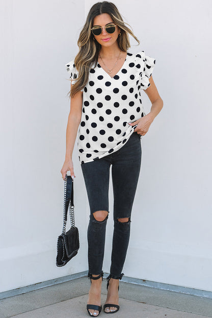 Halo Polka Dot Ruffled Sleeve V Neck Blouse