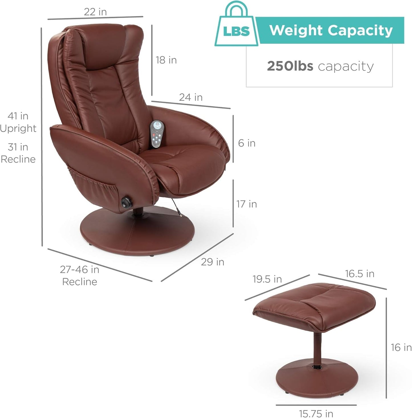 Electric Massage Recliner With Ottoman Footrest Brown ShipItFurniture