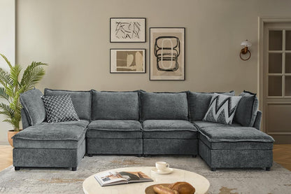 127 Inch Grey Modular Sectional Sofa With Storage Ottoman ShipItFurniture