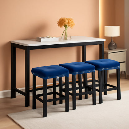 Blue Velvet Bar Table Set With 3 Stools Faux Marble Top ShipItFurniture