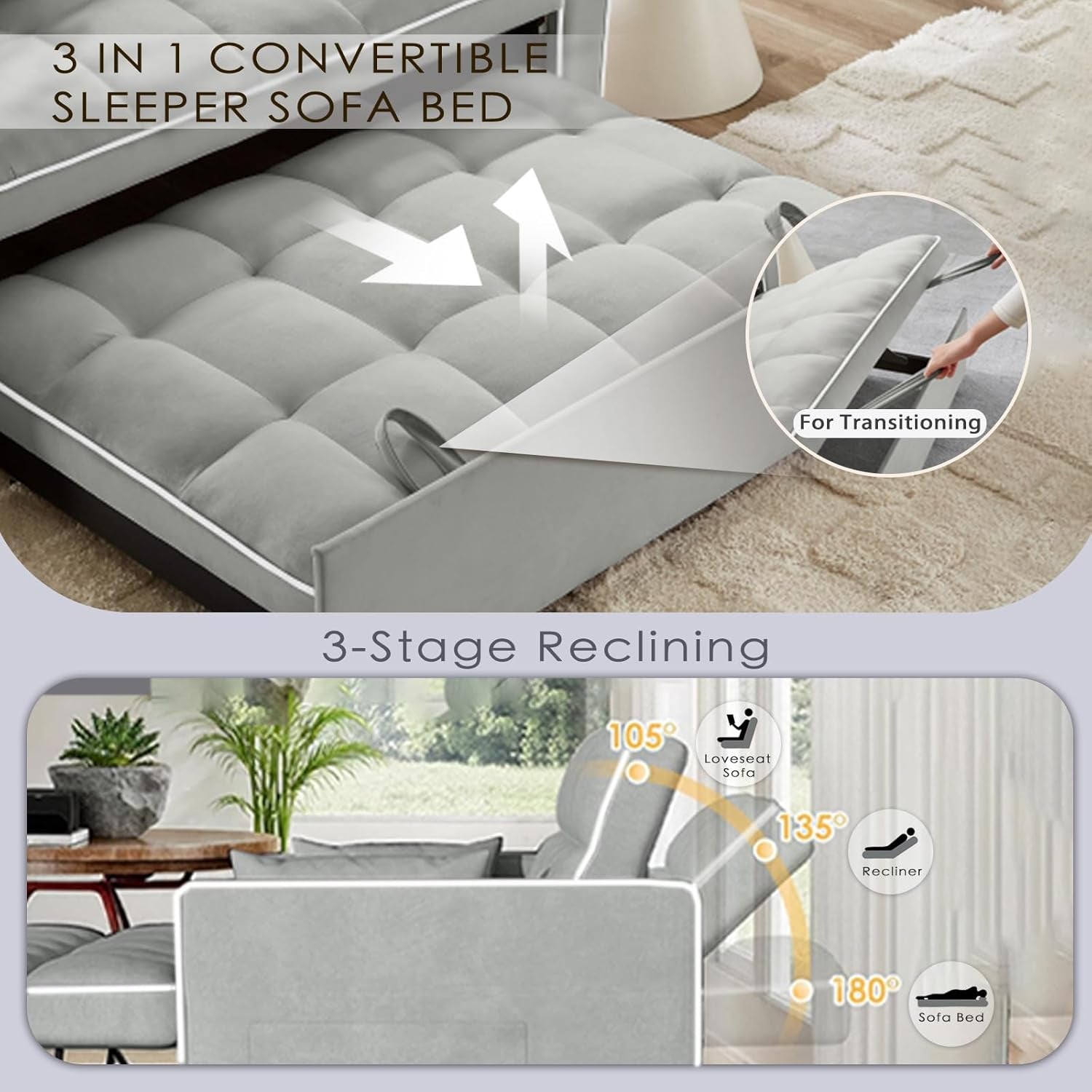 Grey Convertible Sleeper Loveseat Bed With ThreeInOne ShipItFurniture
