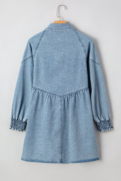 Molly Smocked Cuffs Flared Denim Shirt Mini Dress