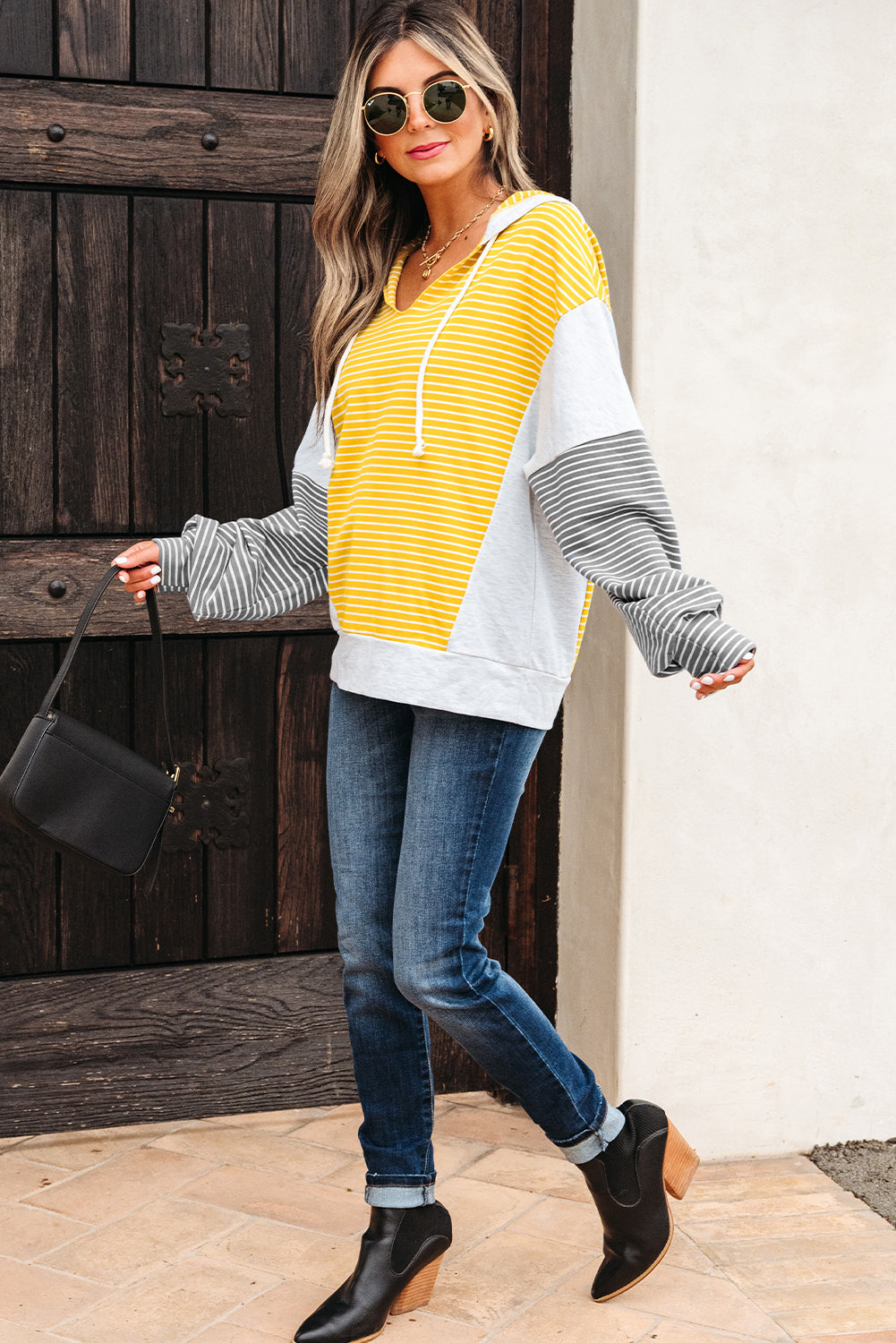 Margot Stripe Drawstring Loose Fit Hooded Top Threaded Pear