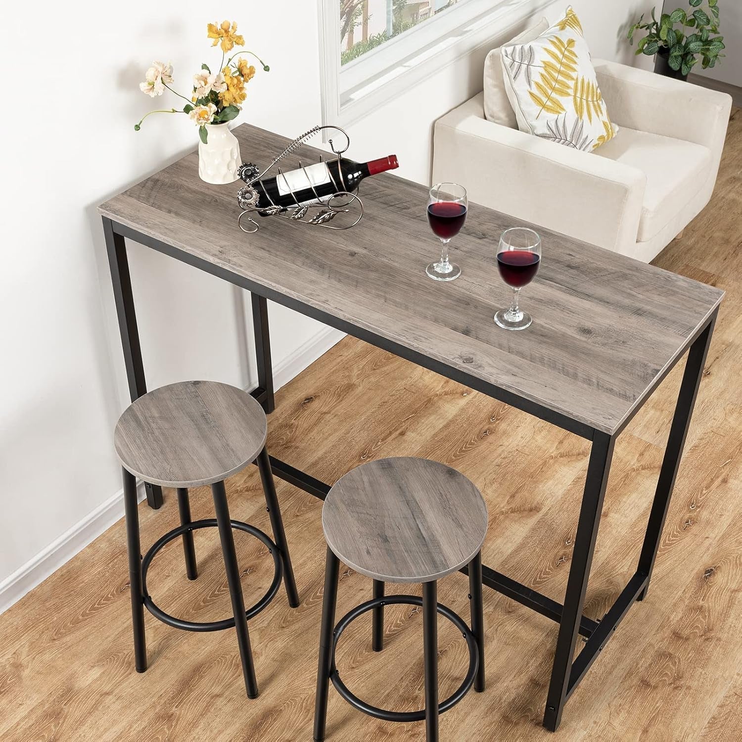 Greige Bar Stools Set Of 2 11.8 Inch Square Seats With Footrest ShipItFurniture