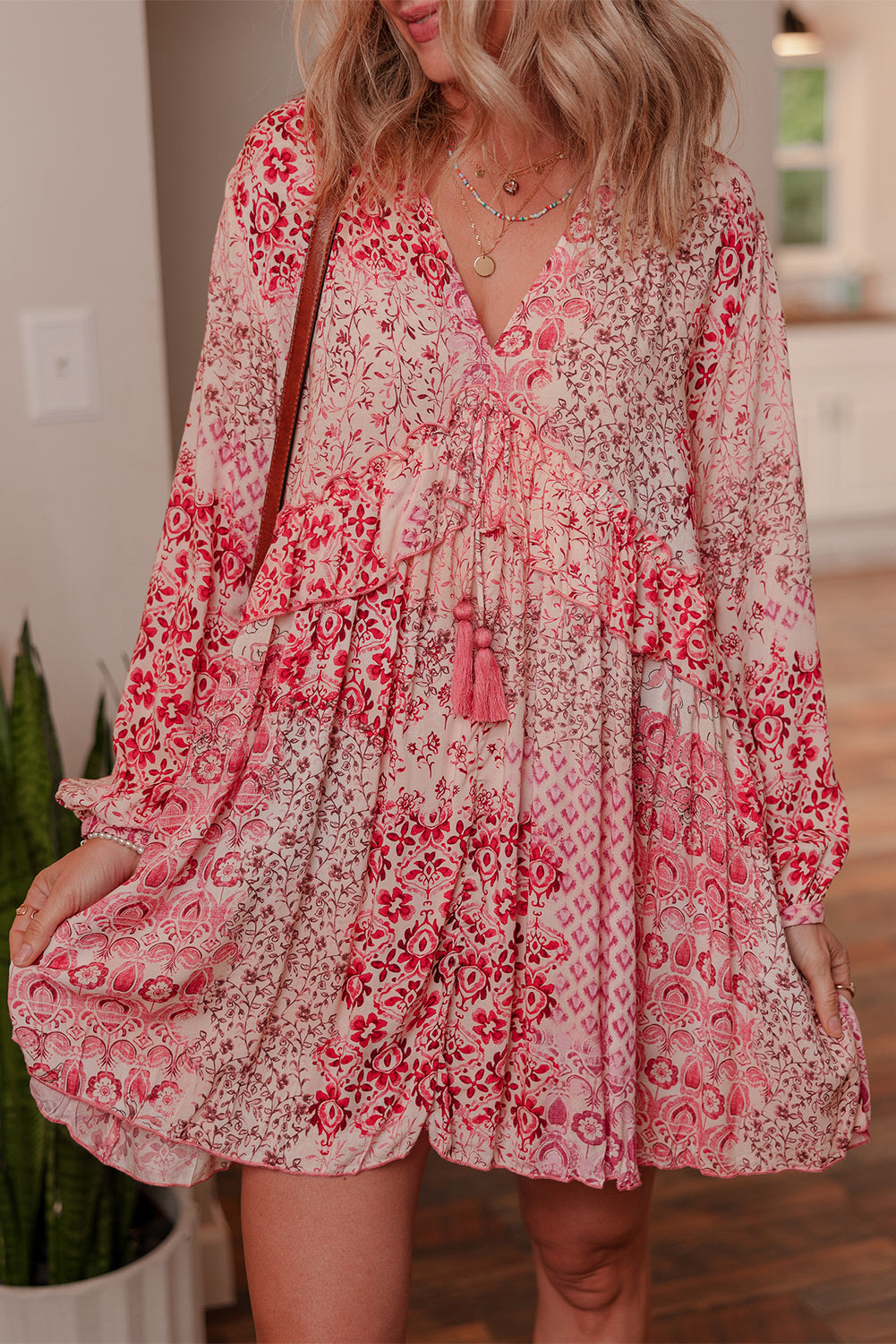 Melody Floral Tassel Tie Long Sleeve Mini Dress - Get it from Bo