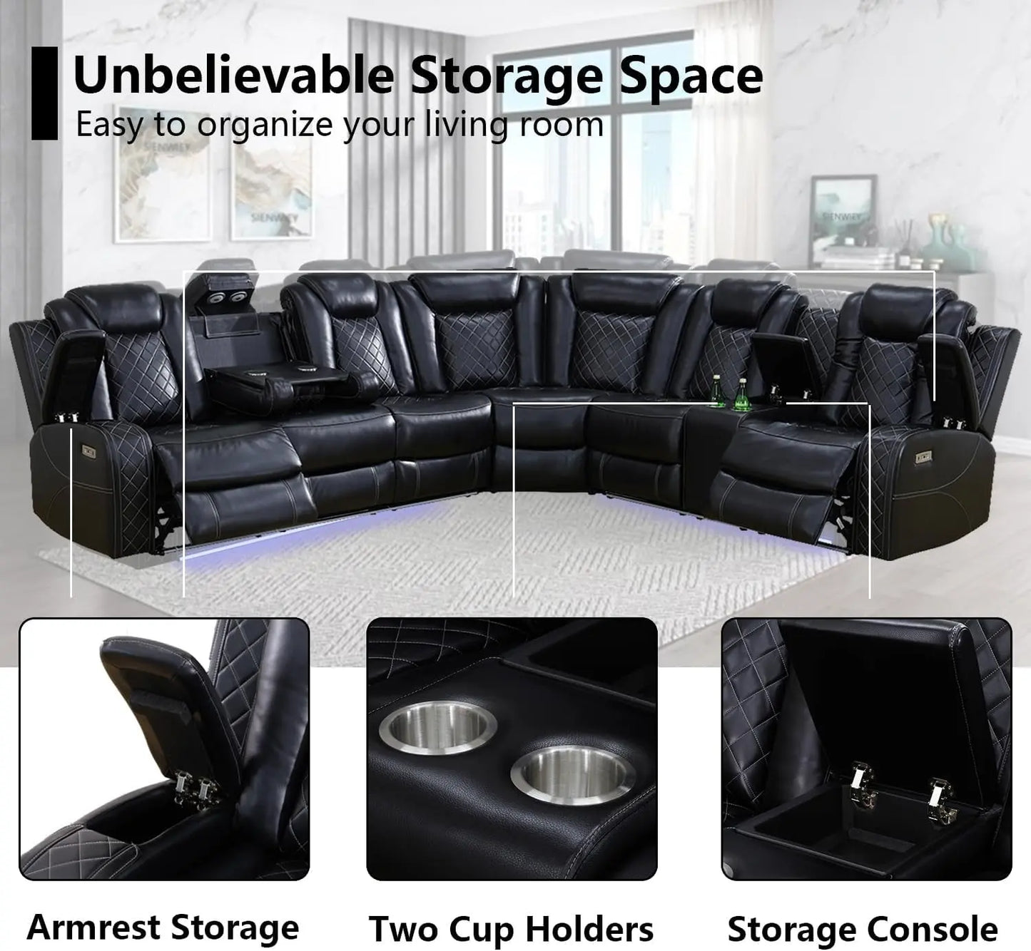 Black Leather Power Reclining Sectional Sofa Living Room ShipItFurniture