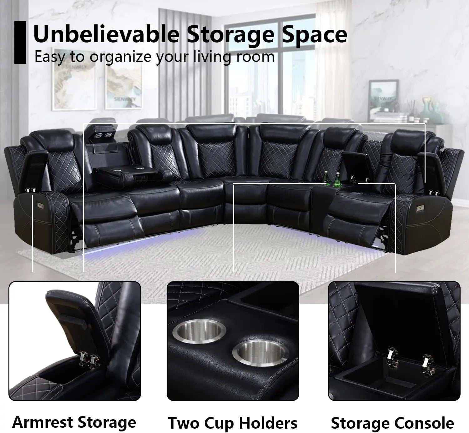Black Leather Power Reclining Sectional Sofa Living Room ShipItFurniture