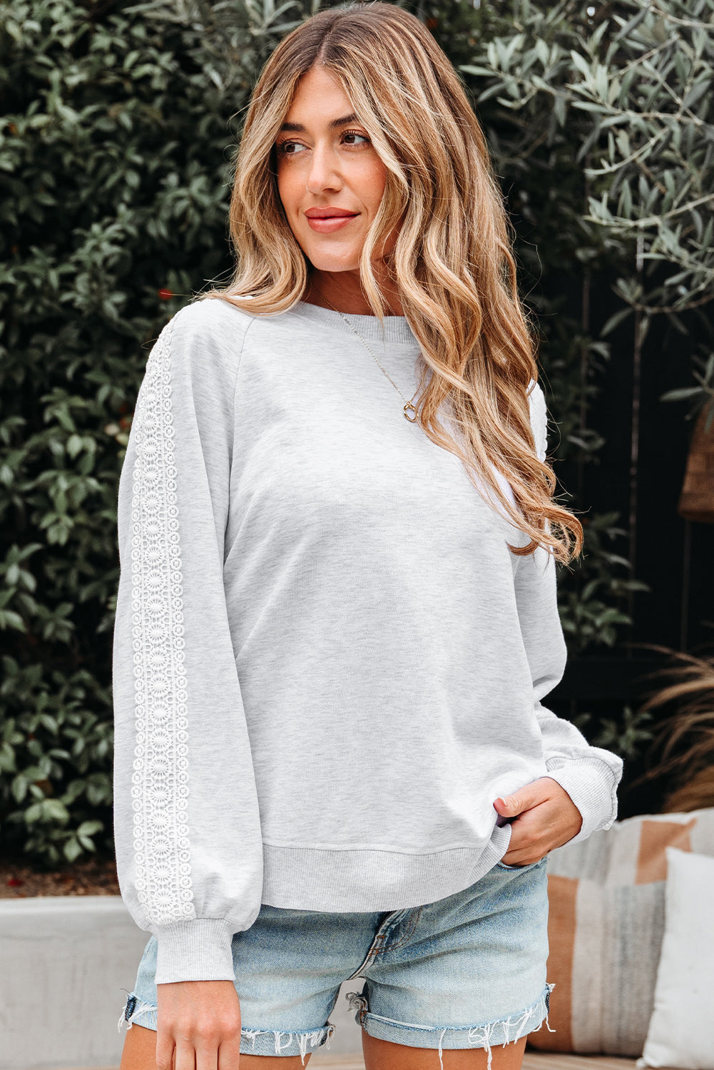 Peyton Lace Patchwork Raglan Sleeve Crew Neck Sweatshirt Threaded Pear