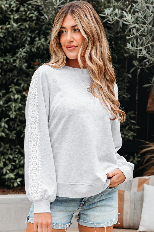 Peyton Lace Patchwork Raglan Sleeve Crew Neck Sweatshirt Threaded Pear