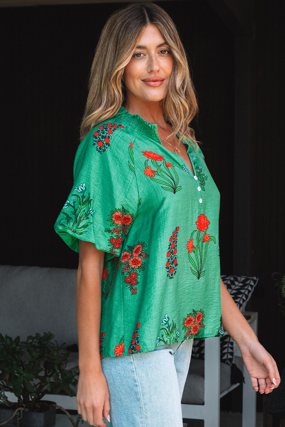 Penelope Floral Buttoned V Neck Short Sleeve Blouse Threaded Pear