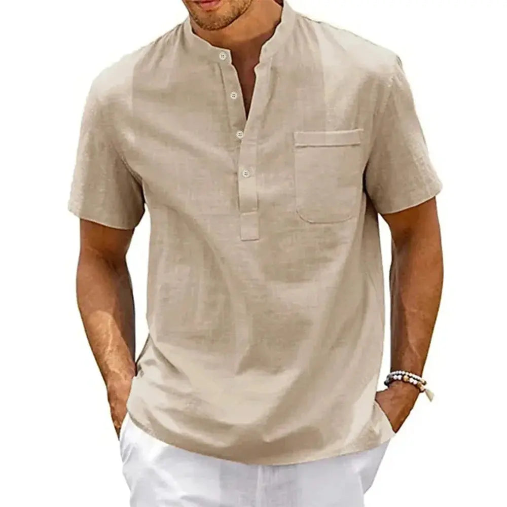 Men's Cotton Linen Shirt Henley Neck Pocket Streetwear Get it from Bo
