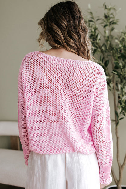 Dulce Big Flower Hollowed Knit Drop Shoulder Sweater