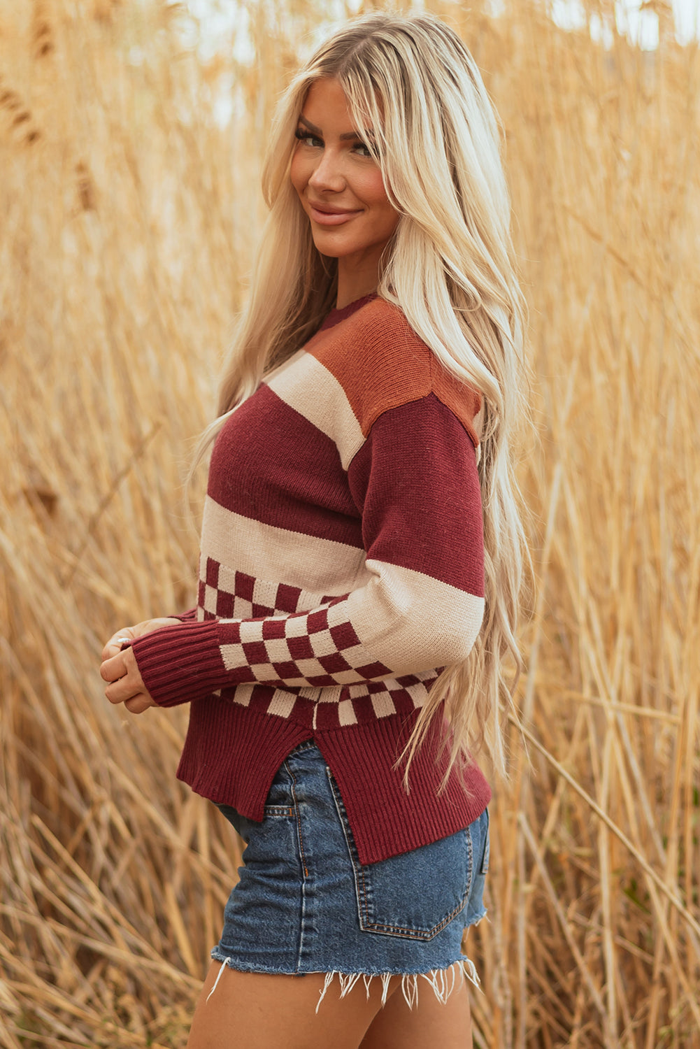 Noelle Checkered Knitted Sweater Threaded Pear