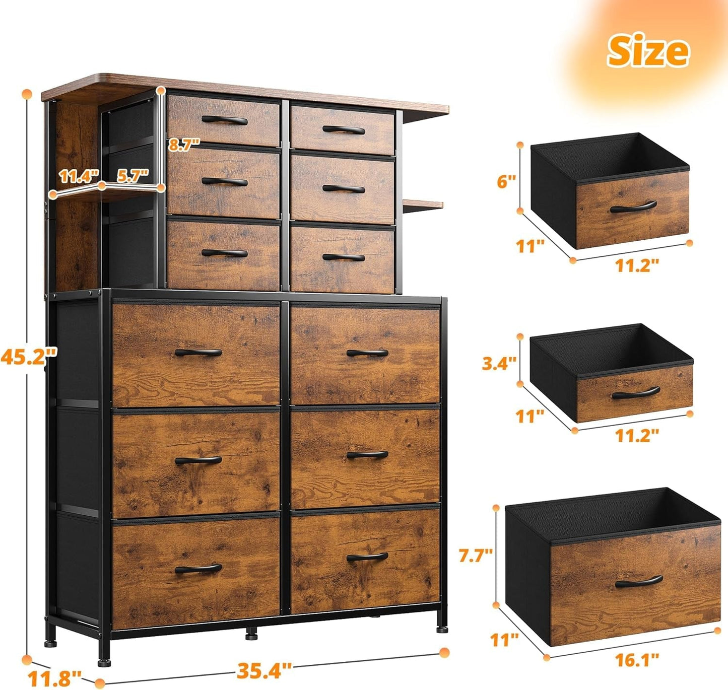 Dresser for Bedroom with LED Lights, 12 Drawers Bedroom Dresser, Dresser and Tall Dresser with Open Shelves, Fabric Dressers & Chests of Drawers with Sturdy Metal Frame, Rustic Brown ShipItFurniture