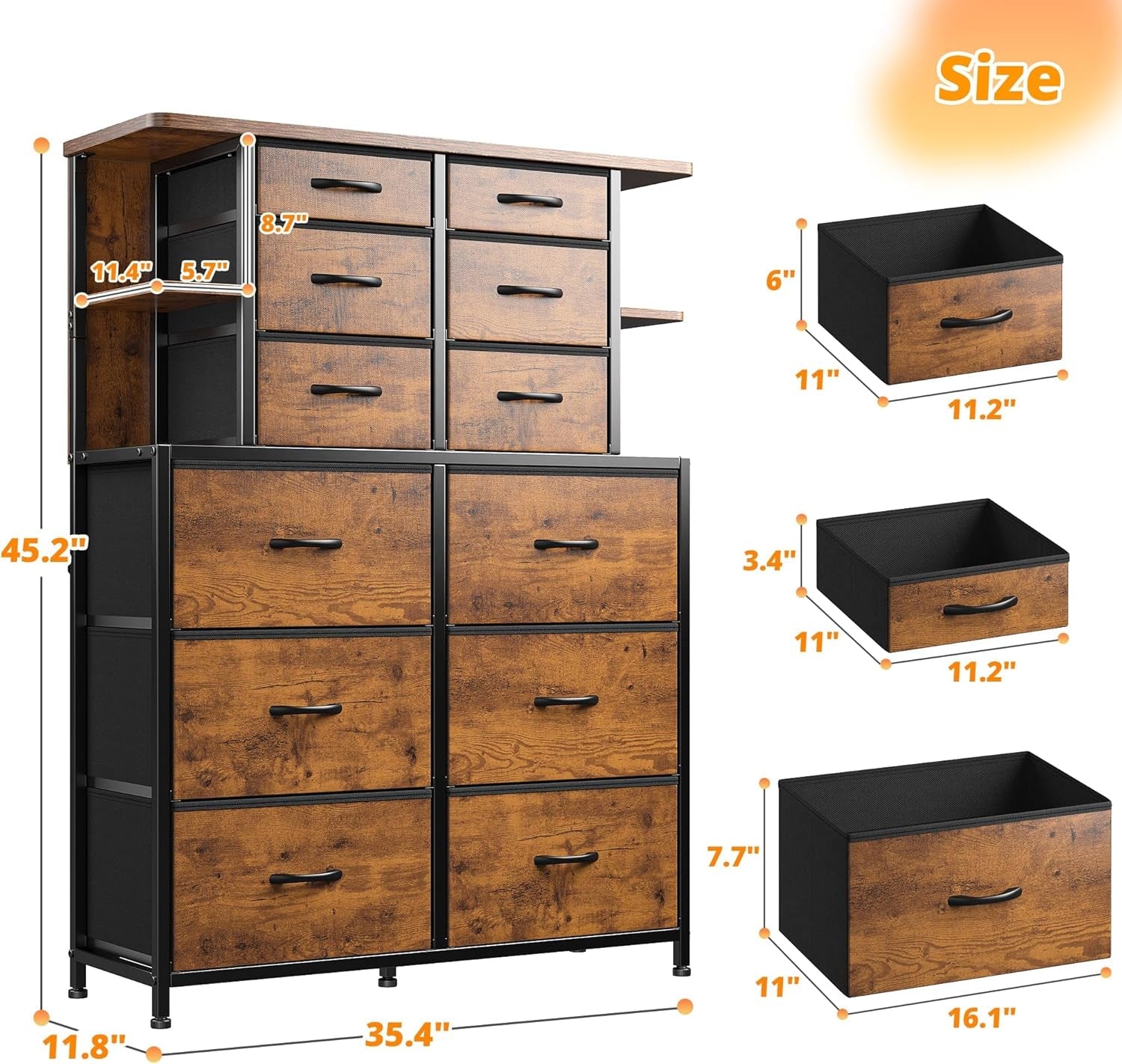 Dresser for Bedroom with LED Lights, 12 Drawers Bedroom Dresser, Dresser and Tall Dresser with Open Shelves, Fabric Dressers & Chests of Drawers with Sturdy Metal Frame, Rustic Brown ShipItFurniture
