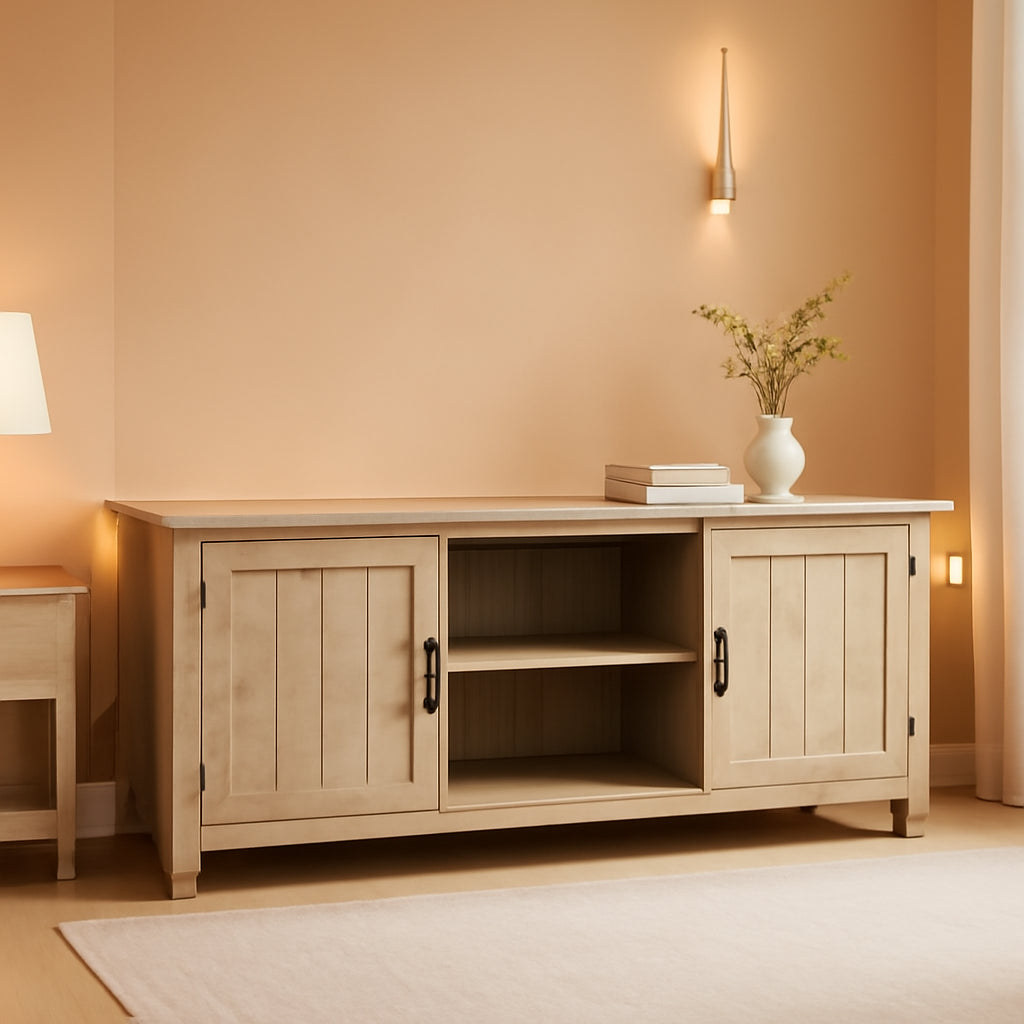 Buren 58 Inch White Oak Grooved Door TV Stand 65 Inch TV