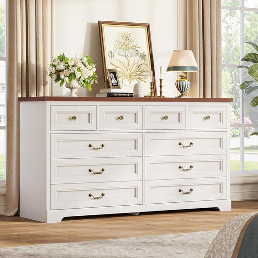 Farmhouse 10 Drawers Dresser for Bedroom, 55.1" Wide Dresser Chest of Drawers, Rustic Wood Storage Dresser with Deep Drawers and Vintage Handle, Large White Dresser for Bedroom, Closet, Hallway ShipItFurniture