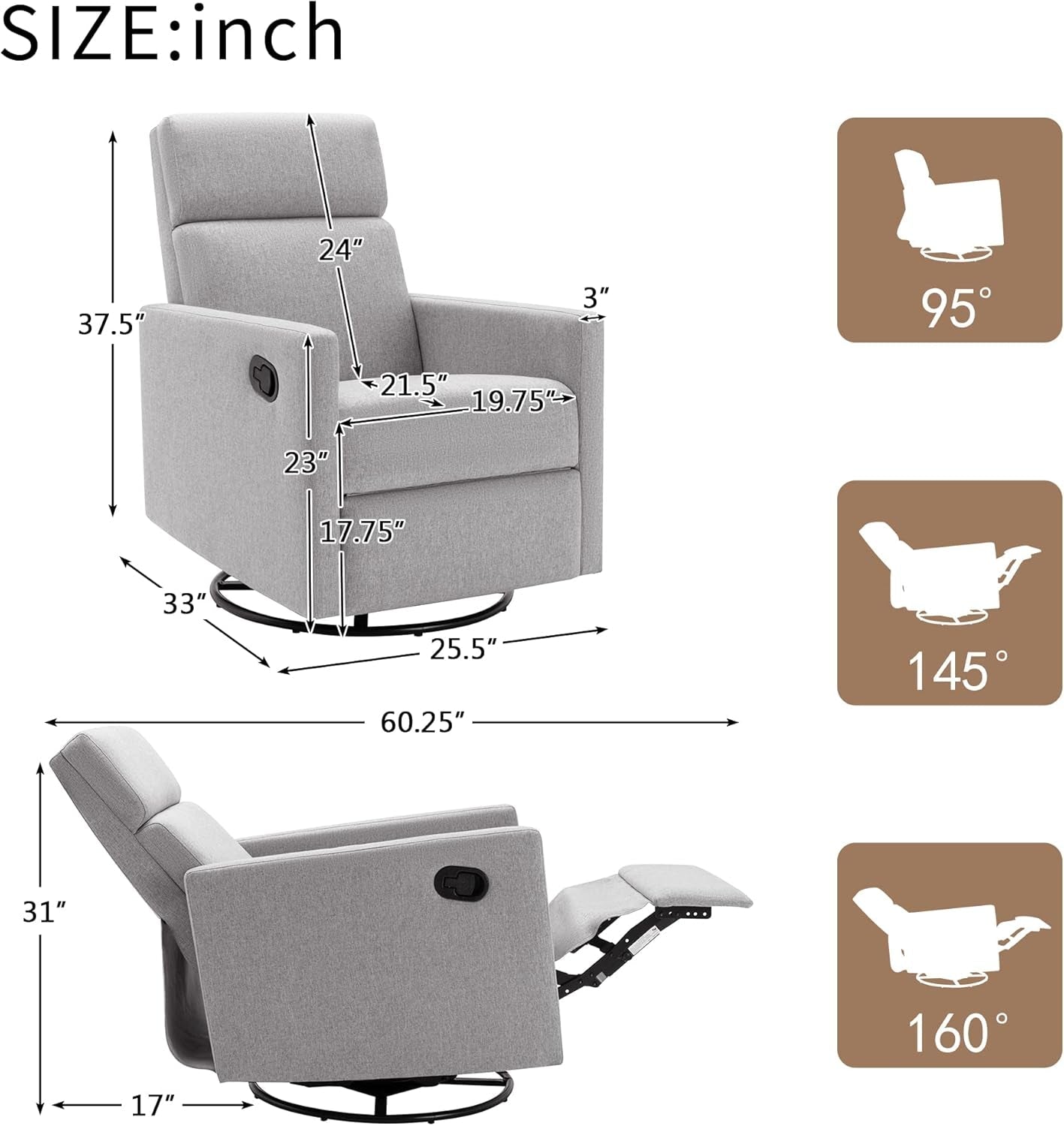 Gray Swivel Recliner Chair With Glider And Headrest ShipItFurniture