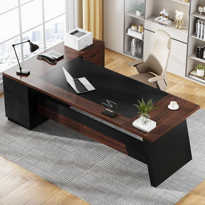 78 Inch L Shaped Executive Desk Walnut Black For Home Office ShipItFurniture