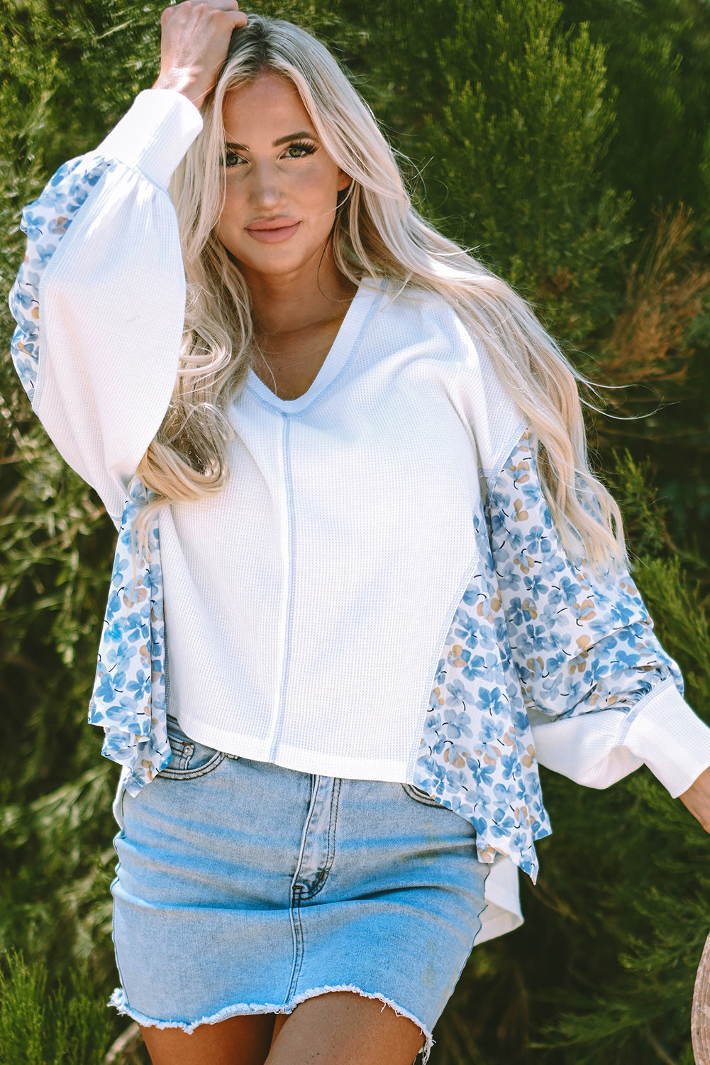 Eliana Floral Patchwork V Neck Blouse Threaded Pear