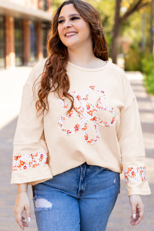 Harmony Plus Size Flower Patched Top Threaded Pear