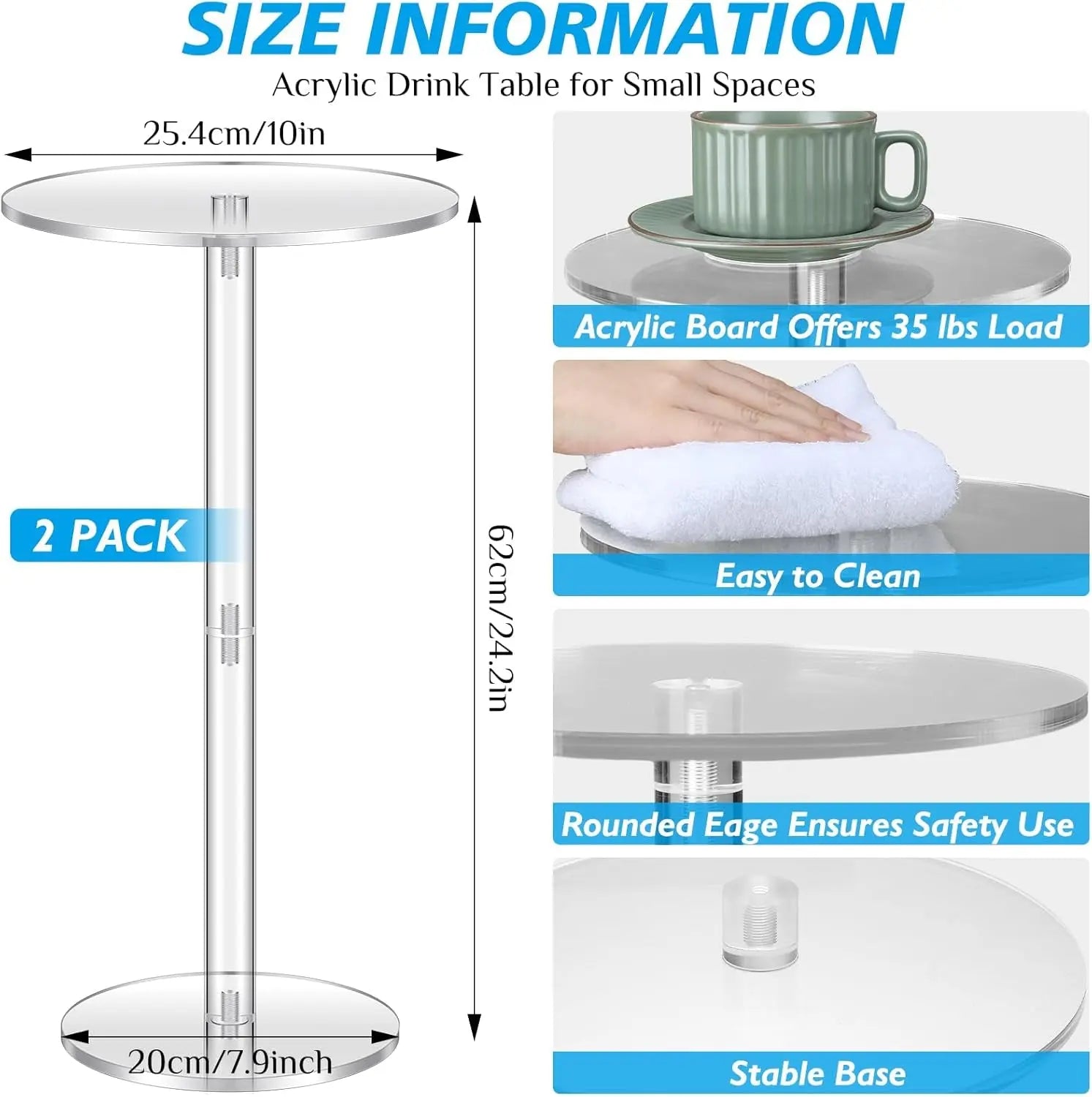 Two Piece Acrylic Side Tables Clear 10x10x24.2Inches-2