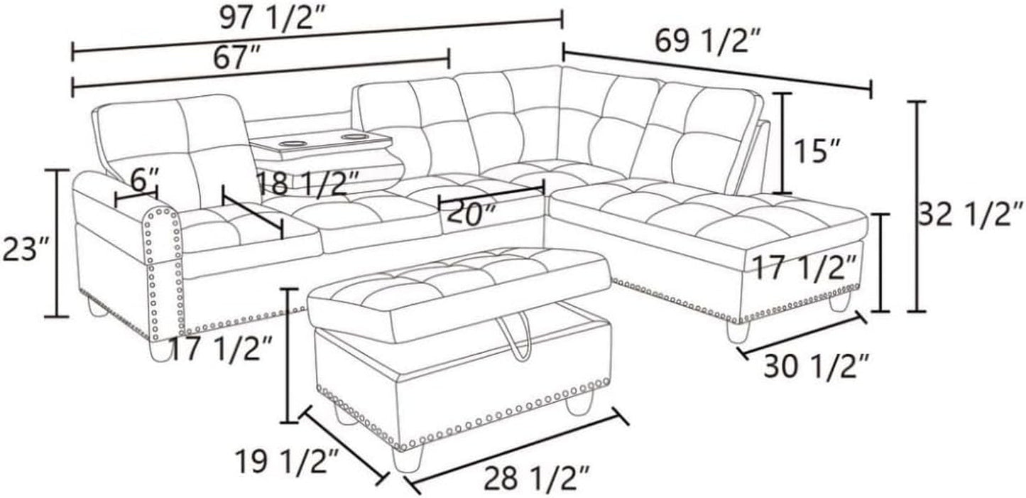 Grey White Flannel L Shaped Sectional Sofa With Ottoman ShipItFurniture