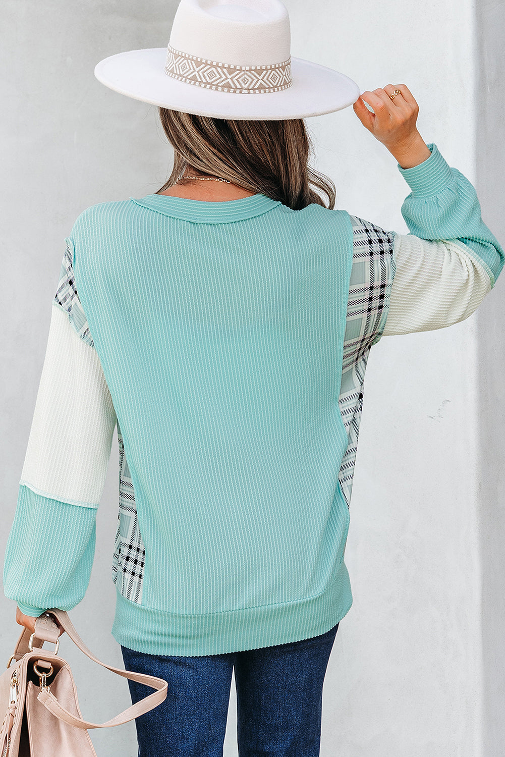 Maddie Texture Colorblock Patchwork Long Sleeve PLUS Top