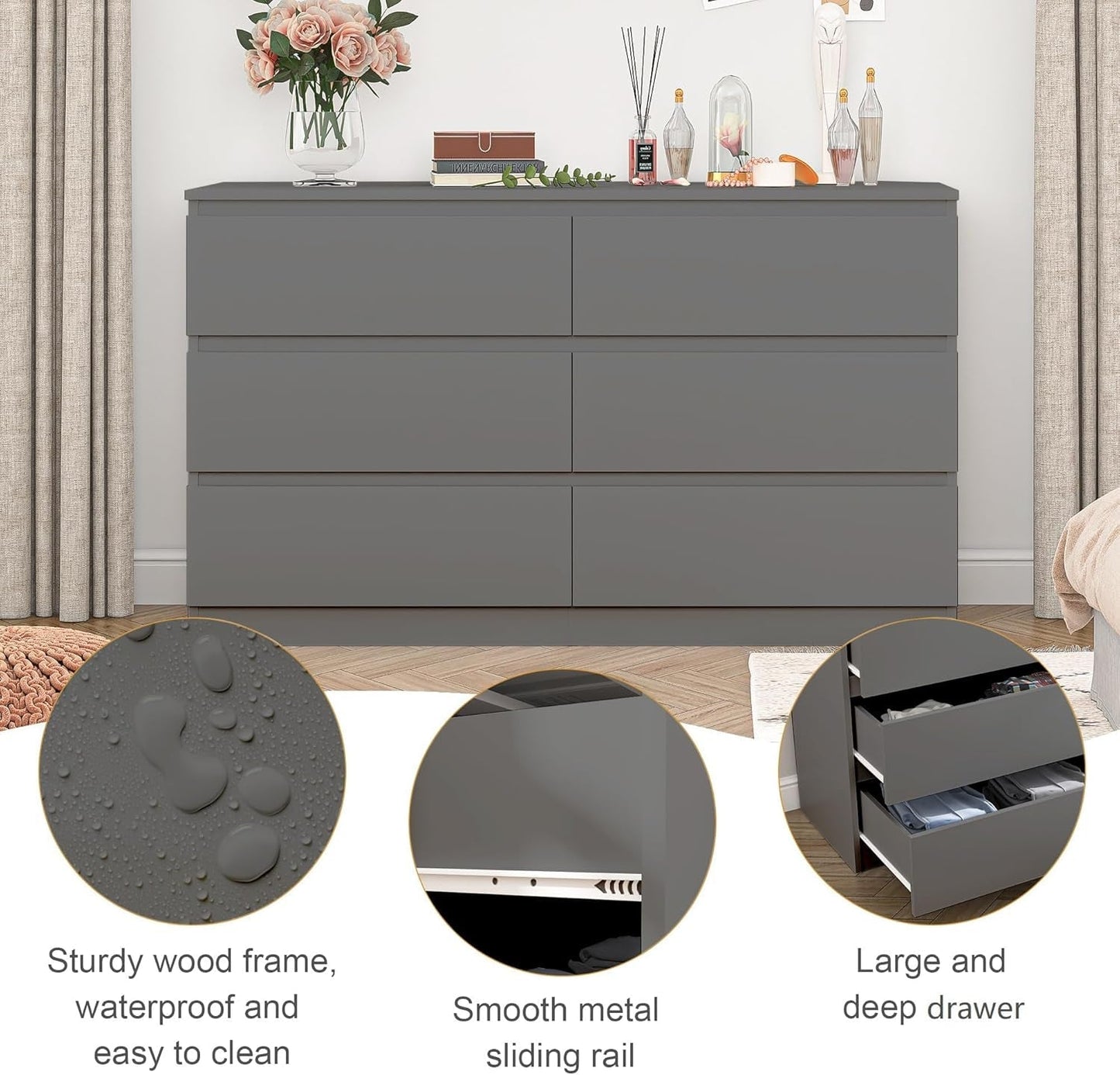 Grey Dresser for Bedroom,6 Drawer Dresser,Chest of Drawers,Modern Wood Dresser,Dresser Bedroom Furniture,Tv Dresser for Closet,Kid'S Room,Nursery ShipItFurniture