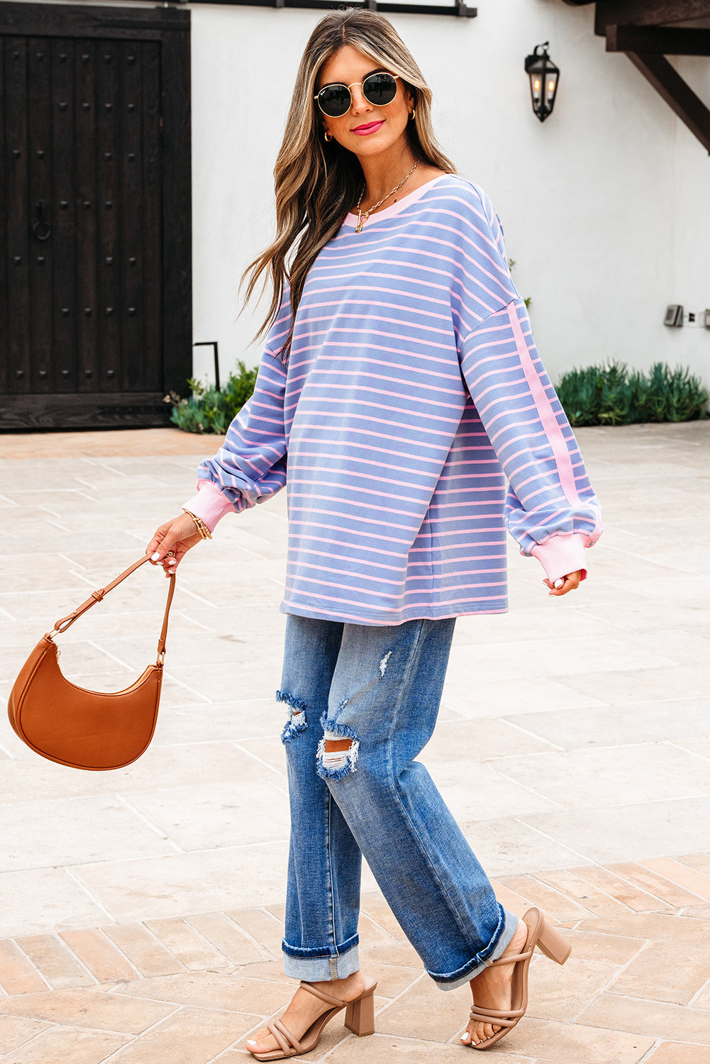 Eliza Stripe Oversize Casual Top Threaded Pear